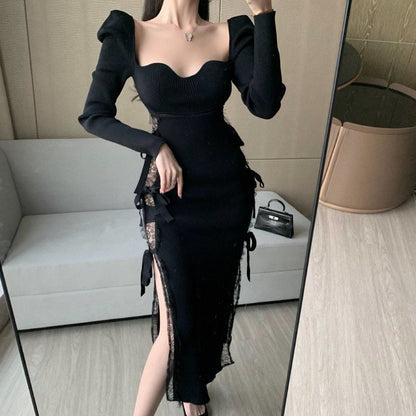 vmtvr - Bodycon Sexy Party Midi Dresses Women Black Elegant Evening Split Dress Ladies Korean Style Night Dresses Autumn Winter New