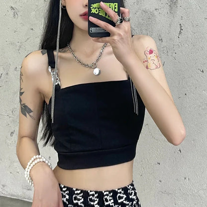 vmtvr Fashion Chain Women Crop Tops Black Sexy Gothic Camis Summer Slim Streetwear Stretch Y2k Female Tank Bustier Tops New