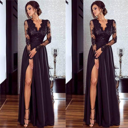 Women Evening Dress Lace Dresses Formal Long  Ball Prom Gown Evening Party Hollow Out Deep V-Neck Long Sleeve New Fashion