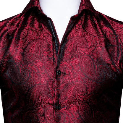 Luxury Red Paisley Silk Shirts Men Long Sleeve Casual Flower Shirts For Men Designer Fit Dress Shirt