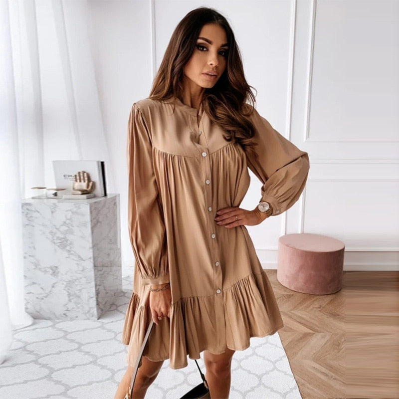 Women Vintage Ruffled Front Button A-line Dress Long Sleeve Stand Collar Solid Elegant Casual Mini Dress Autumn New Dress