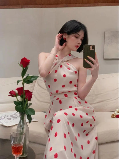 vmtvr  -  Elegant Women Halter Polka Dot Midi Dress Ladies Solid Vintage Strapless Dresses Korean Clothing Femme Robe Summer Vestidos