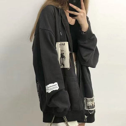 Vintage Patch Y2K Zip Up Hooded Jacket Women Long Sleeve Loose Streetwear Hoodies Cotton Outwear Harajuku Sweatshirts Black Gray