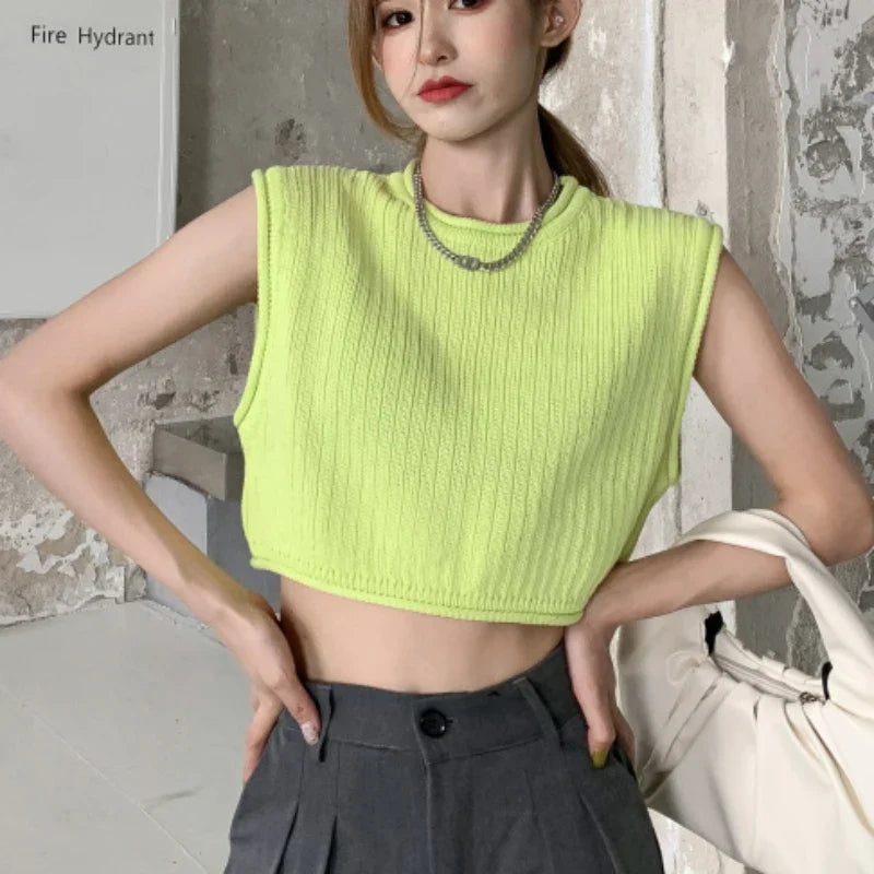 vmtvr Loose Women Vest Tanks Summer Sleeveless Solid White Knit Korean Pullover O Neck Crop Tops Casual Hollow Out Thin Tops