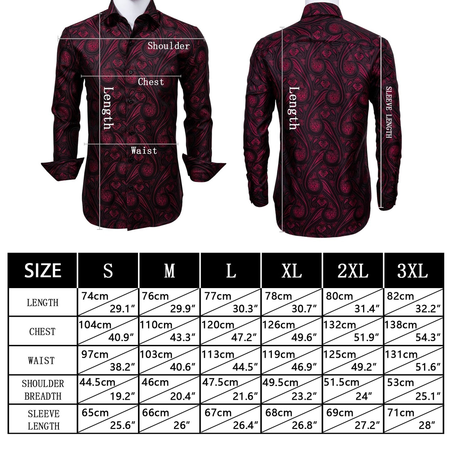 Luxury Red Paisley Silk Shirts Men Long Sleeve Casual Flower Shirts For Men Designer Fit Dress Shirt