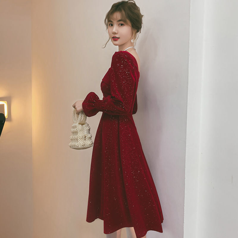 vmtvr - Korean Square Collar Sequins Elegant Velvet Dress Women Flare Long Sleeve Backless Maxi Dress Office Lady High Waist Slim Dress