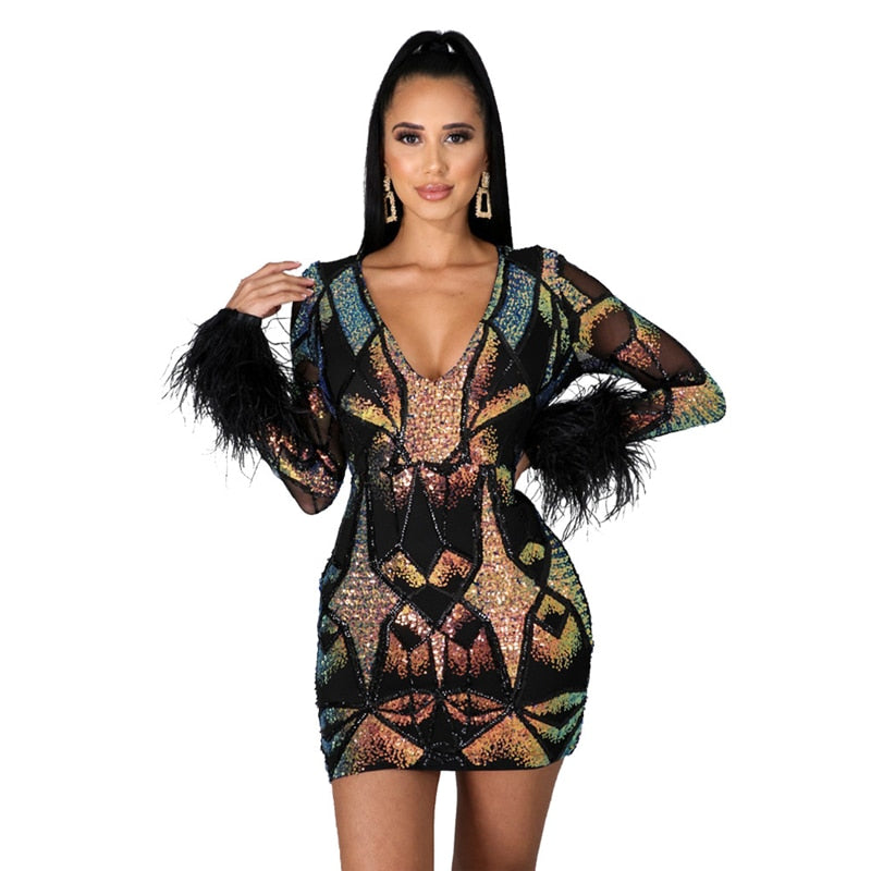 vmtvr Women Sexy Sequins Feather Night Club Party Dress Deep V Neck Sheer Mesh Long Sleeve Bodycon Mini Dresses Vestidos