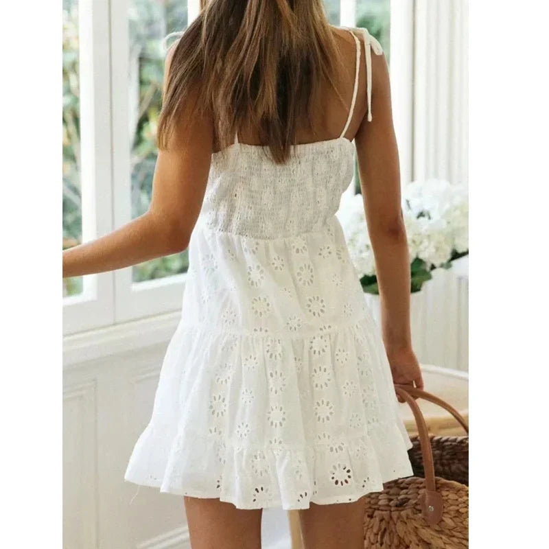 vmtvr  -  White Lace Sleeveless Summer Dress Women Hollow Out Embriodery Sundress Casual Button Beach Boho Vintage Short Dress