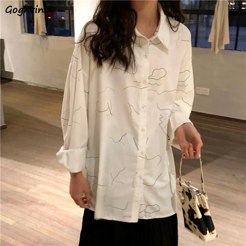 -Fall Outfits Long Sleeve Top Graduation gifts Shirts Women Retro Simple Line Printed Casual Long Sleeve Cozy Elegant Buttons Ins Office Lady Tops Designed Trendy All-match