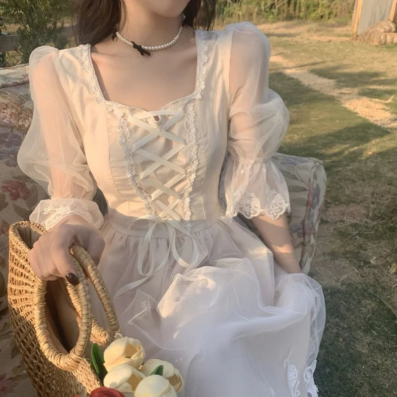 French Vintage Midi Dress Women Lace Elegant Princess Party Fairy Dress Female 2024 Spring Casual Korean Wedding Victorian Dress