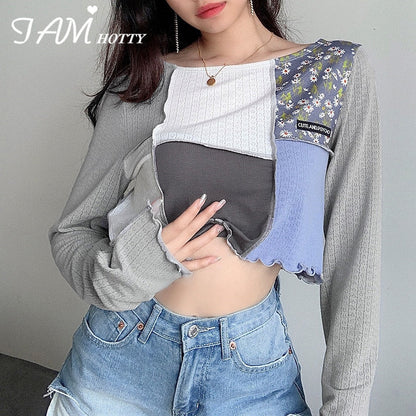 -Fall Outfits -Fall Outfits Long Sleeve Top  Vintage Patchwork Split Crop Top Tees Women Gothic Long Sleeve Embroidery Casual Aesthetic Girls T-Shirts Autumn  Iamhotty