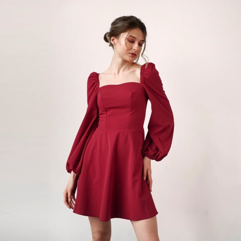 vmtvr - Casual Square Neck Puff Sleeve A-Line Dress Autumn Backless High Waist Elegant Vintage Party Mini Dresses For Women