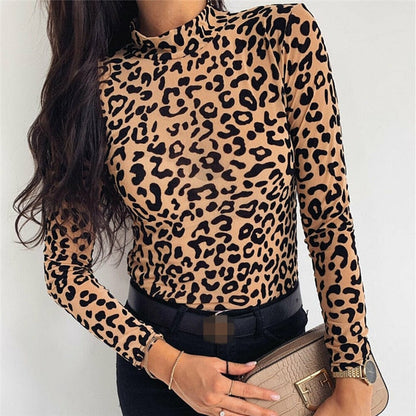 -Fall Outfits Long Sleeve Top  Women Blouses Fashion Leopard Print Turtle Neck Blouse Autumn Long Sleeve Shirts Party Ladies Clothes Womens Blouses And Tops