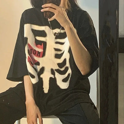 Halloween Oversized T-Shirt Female Top Y2k Harajuku Tops Retro Print Skull Bone Loose T-Shirts With Short Sleeve Anime Graphic Shirt