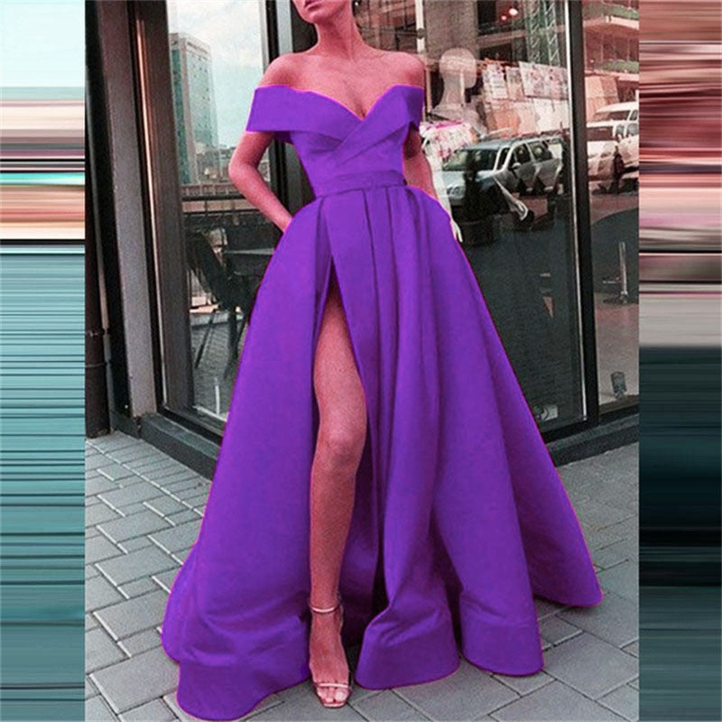 Sexy Off Shoulder Backless Slit Maxi Dress Elegant Strapless Solid Club Party Dress Summer Women Short Sleeve Boho Long Dresses