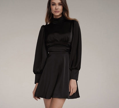 vmtvr - Fashion Stand Collar Satin Women Dresses Autumn Elegant Long Sleeve Backless Mini Dress Casual Sliim Pleated  Dress Robe