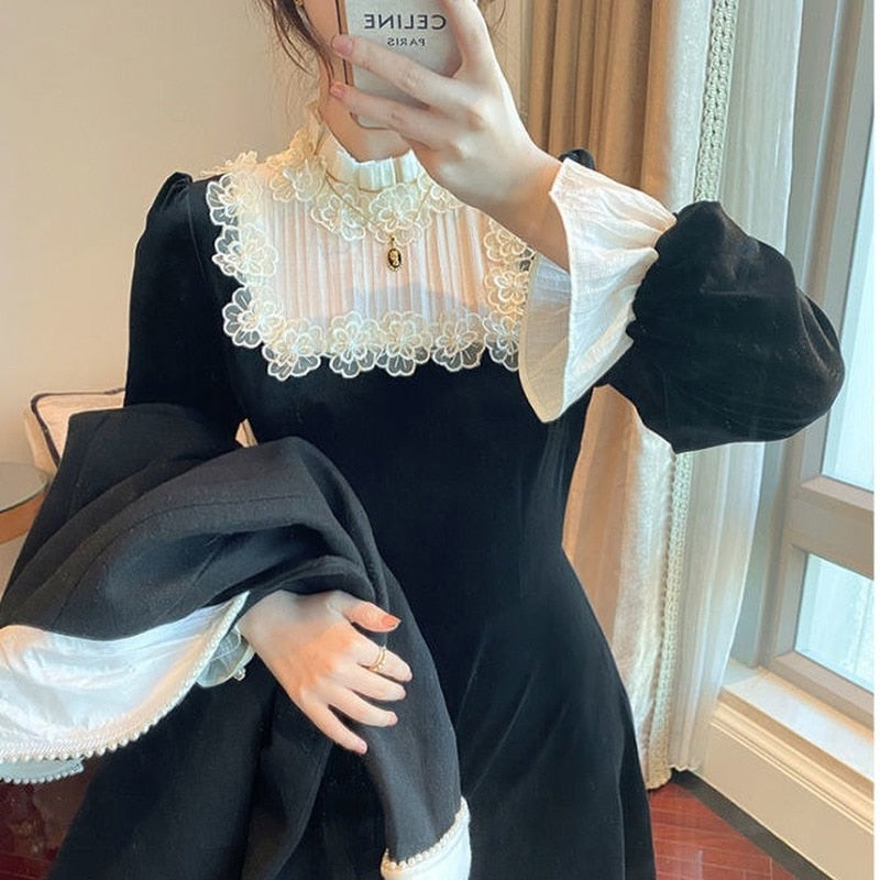 vmtvr - French Retro Black Midi Dress Women Elegant One Piece Dress Korean Autumn SLim Lace Evening Party Velvet Dress Female Cute