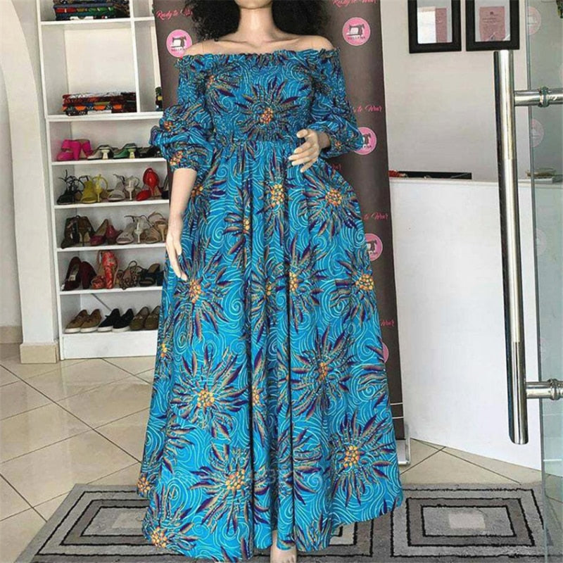 vmtvr African National Print Party Dress Women Casual Sexy Slash-neck Lady Maxi Dress New Vintage Long-sleeved Loose Elegant Dress