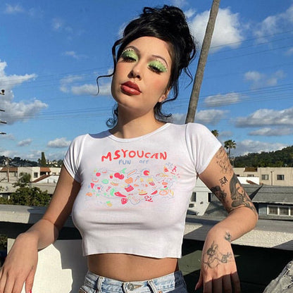 -Fall Outfits  2000S Streetwear Cartoon Print White Baby Tees Y2K Aesthetics Letter O-Neck Short Sleeve T-Shirts Summer Cute Crop Top