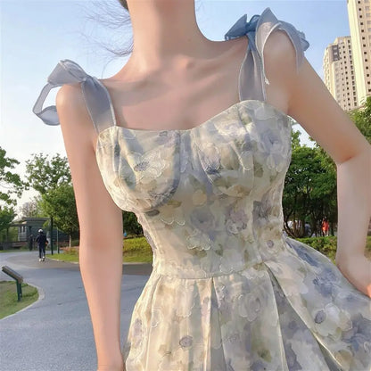 vmtvr Elegant Long Flower Strap Dress Women Vintage Sweet Print Korean Slip Fairy Dress Casual Calssy Party Princess Dress Summer