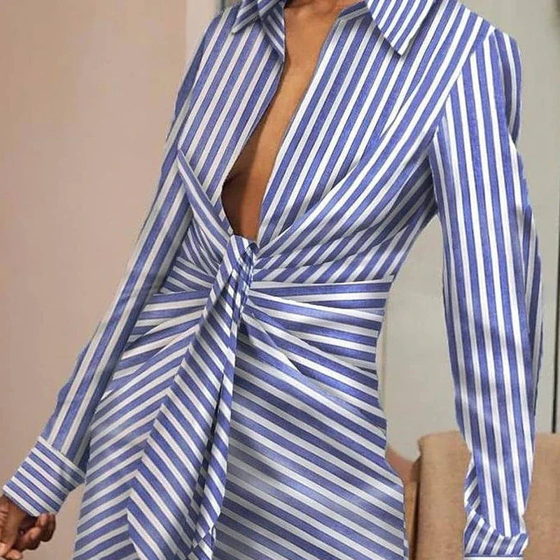 vmtvr Women Elegant Turn-Down Collar Folds Party Dress Casual Striped Ladies Mini Shirt Dresses Autumn Long Sleeve Slim Fit Vestidos