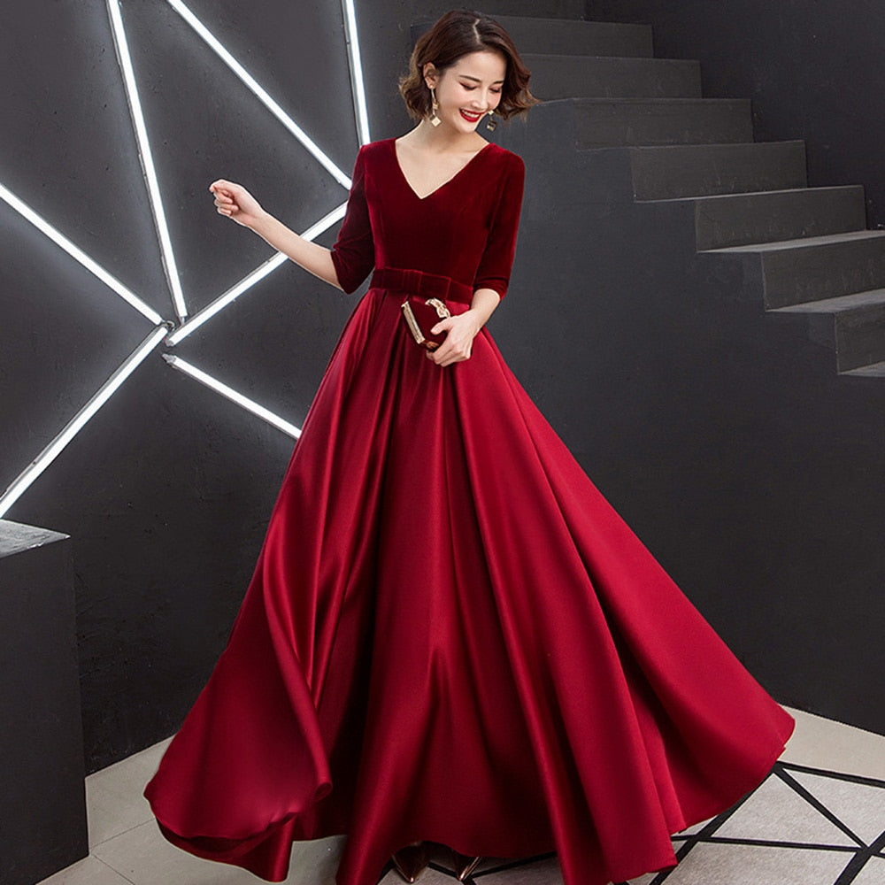 V-neck Bow Waist A-line Satin Evening Dresses Short-Sleeve Velour Formal Women Prom Dresses Elegant Graduation Party Gowns