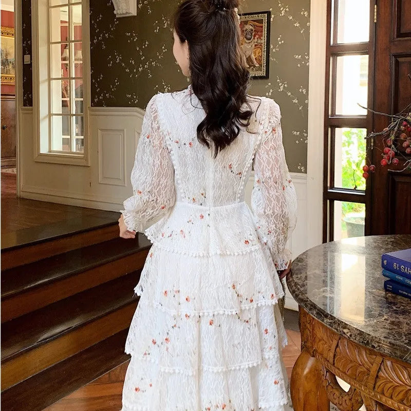 vmtvr Summer Lace Flower Embroidery Long Cake Dress Women A-Line Long Sleeve Six Layers Ruffles Dress Runway Elegant Party Dress