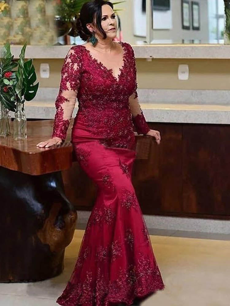 vmtvr 2023 New Arrival Red Lace Mother of the Bride Dresses Long Sleeves Illusion Jewel Neck Mermaid Wedding Party Gowns Appliqued