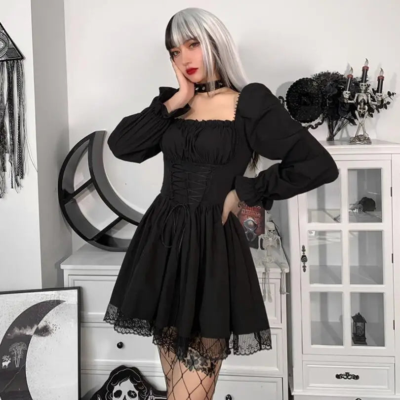 vmtvr  -  Lolita Princess Black Gothic Sexy Mini Bad Girl Dress Kawaii High Waist Puff Sleeve Lace Ruffles Party Robe Women Dresses w885