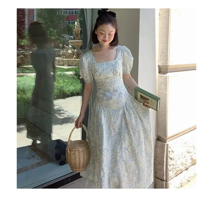 French Vintage Floral Dress Women Square Collar Design Slim Party Dress Female Chiffon Puff Sleeve Wedding Party Midi Dress 2024