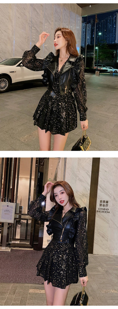 vmtvr - Fashion Korean 2 Piece Outfit Women Y2K Chic Casual Sexy Zipper Vest Tank Coat Sparkly Gold Print Mini Dress Slim Party Club Set