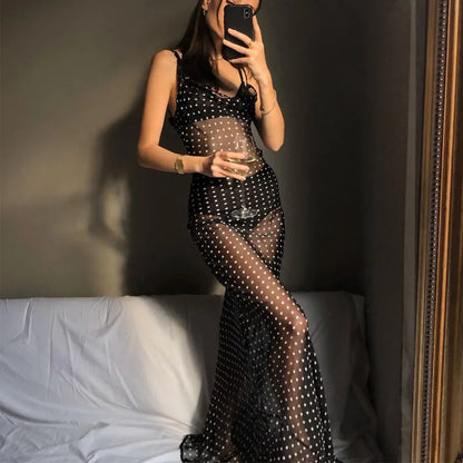 vmtvr Spaghetti Strap Polka Dot Maxi Dresses Sexy Backless Women Dresses Party Club Black Mesh See Through Dress Elegant