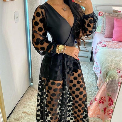 Women's Clothing Spring Polkadot Print Wrap Long Sleeve Maxi Dress See Through Party Wedding Formal Elegant Boho V Neck