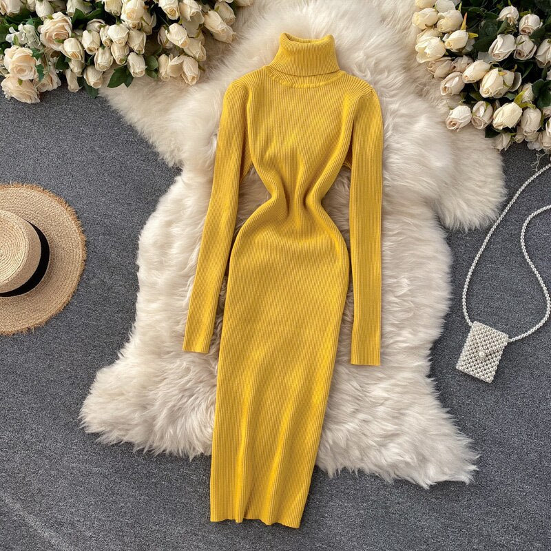 Sweater Dress Winter Turtleneck Warm Long Sleeve Knit Dress Korean Fashion Casual Solid Women Midi Bodycon Dress