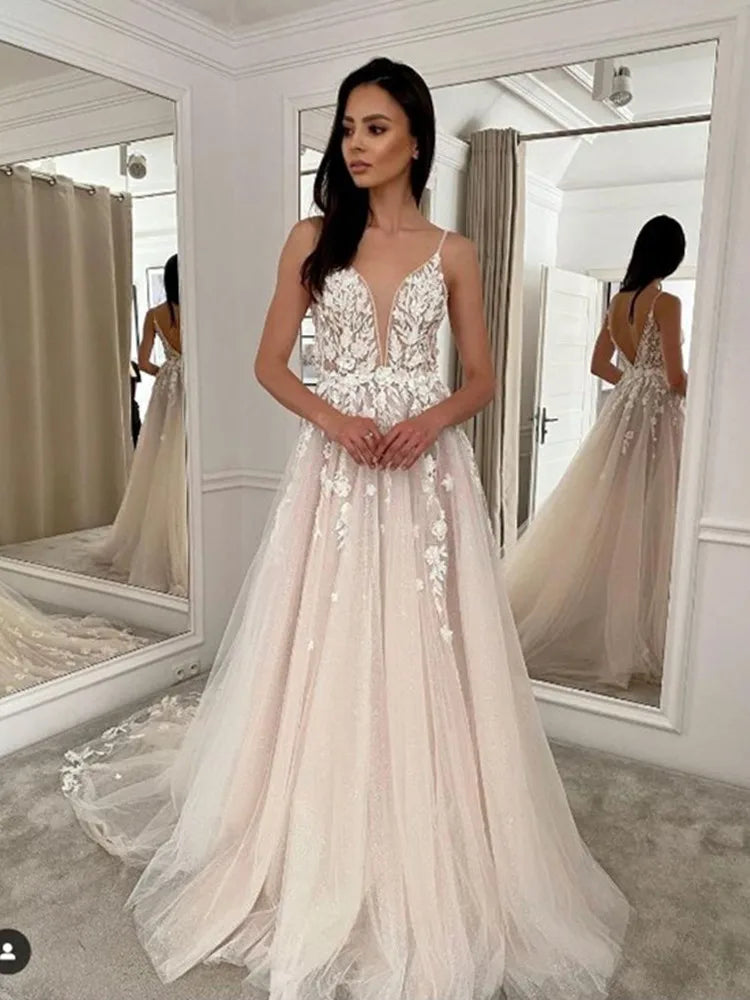 vmtvr - BEACH Spaghetti Strap Deep V Neck Wedding Dress For Bride Lace Appliques Sparkly Tulle Backless Gorgeous Bridal Gowns