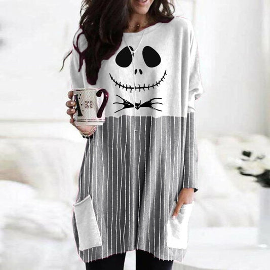 Print Dress Women Halloween Long Sleeve Round Neck Vintage Casual Knit Mini Dress Ladies Pocket Loose Dresses Vestido