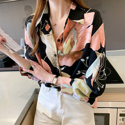 -Spring/Summer Shirt Women Korean Style Elegant Long-Sleeved Blouse Chiffon V-Neck Single-Breasted Office Ladies Fashion Clothing