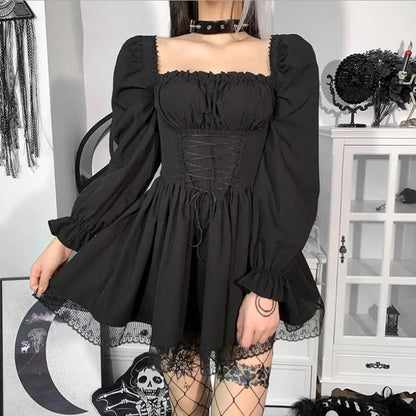 vmtvr  -  Lolita Princess Black Gothic Sexy Mini Bad Girl Dress Kawaii High Waist Puff Sleeve Lace Ruffles Party Robe Women Dresses w885