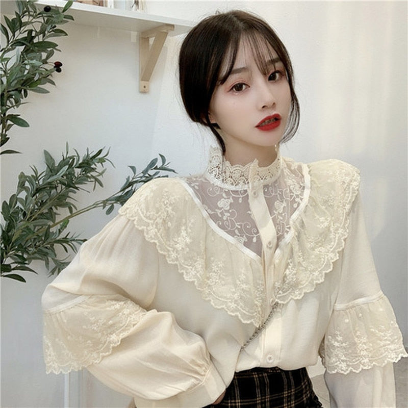 -Fall Outfits Long Sleeve Top Fashion Korean Lace Up Ruffled Blouses Women Autumn Sweet Loose Clothes Stand Collat Ladies Tops Vintage Lace Shirts Women 11335