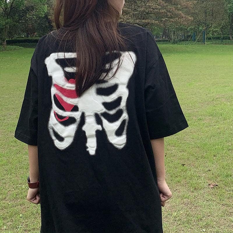 Halloween Oversized T-Shirt Female Top Y2k Harajuku Tops Retro Print Skull Bone Loose T-Shirts With Short Sleeve Anime Graphic Shirt