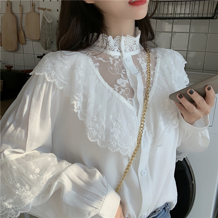 -Fall Outfits Long Sleeve Top Fashion Korean Lace Up Ruffled Blouses Women Autumn Sweet Loose Clothes Stand Collat Ladies Tops Vintage Lace Shirts Women 11335