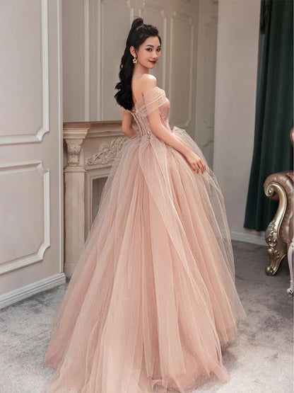 vmtvr  -  PINK TULLE LONG PROM DRESS PINK EVENING DRESS