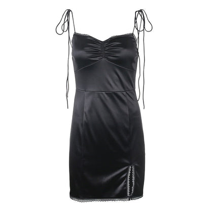 vmtvr -  Strappy Satin Ruched Black Dress Mini Lace Spliced Side Split Sexy Dress Female Sundress Backless Ladies Dresses