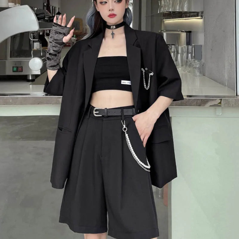 vmtvr Black Gothic Women Thin Blazers Summer Short Sleeve Fashion Button Up Long Jacket High Street Korean Female Coats  New