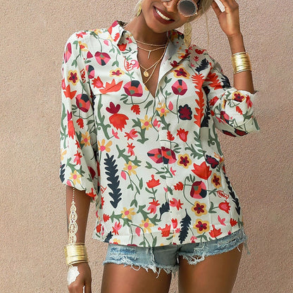 -Fall Outfits Long Sleeve Top Floral Print Blouse Women  Summer Turn Down Collar Long Sleeve Shirts Casual Tops Ladies Office Wear Plus Size Blouses