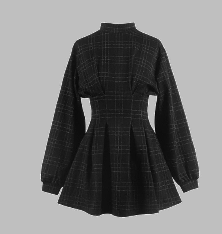 vmtvr - Goth Dress Gothic Harajuku Vintage Plaid Wrap Balck Mini Dress Retro Pleated Punk Long Sleeve Dark Emo Aesthetic Kpop