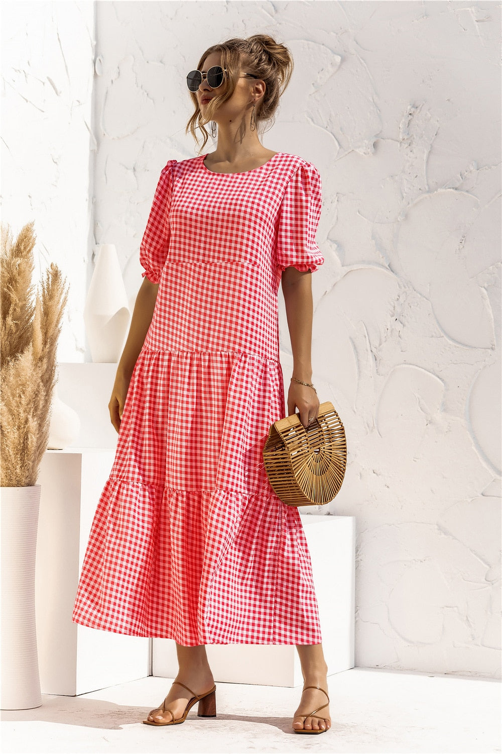 Summer Polka Dot Plaid Print Robe Maxi Dress Women Elegant Puff Sleeve Casual Patchwork Loose Holiday Party Long Vestidos