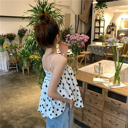 vmtvr Polka Dot Tanks Camis Women Summer Casual Folds Backless Design Korean Chic Tops Female French Chiffon Short Party Clothing