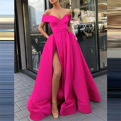 Women Sexy V Neck Long Party Dress Solid Elegant Sleeveless High Slit Dress Lady Fashion Off Shoulder Pleated Maxi Dress Vestido