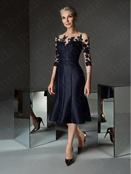 vmtvr Gorgeous Prussian Blue Knee Length Mother of the Bride Dresses Lace with Three Quarter Sleeves Applique Wedding Guest Gowns